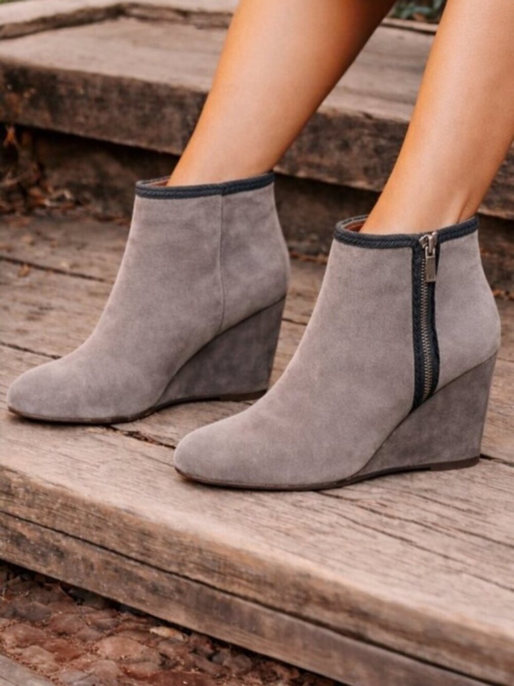 Lanvin Taupe Brown Cord Accent Suede Zip Wedge Ankle Boots, Size 37 (US 6)